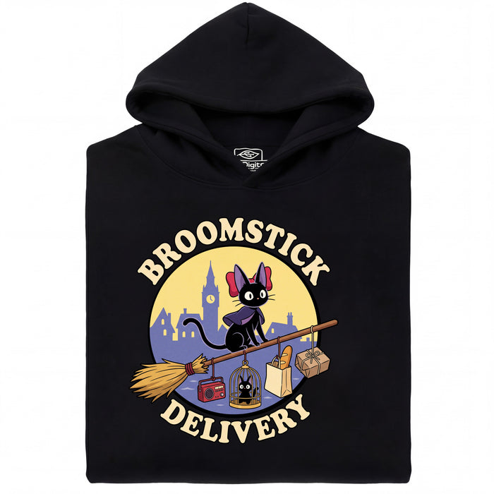 Broomstick Delivery - Le Chat Prend les Rênes du Service de Livraison - Vue principale Hoodie Noir