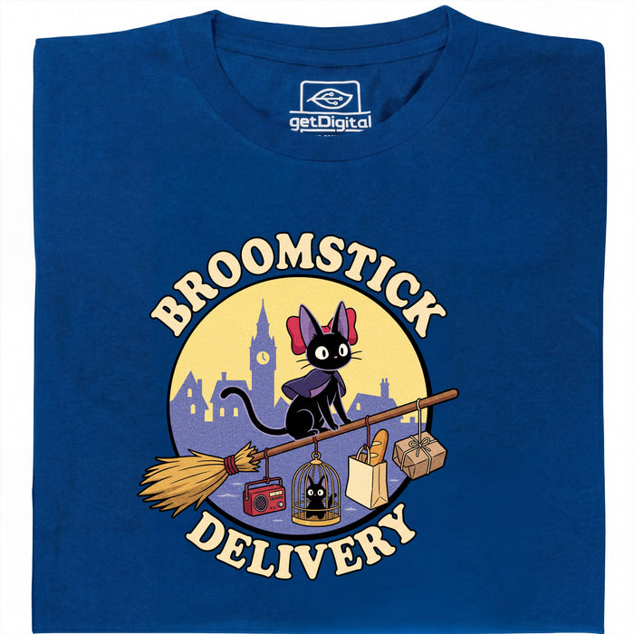 Broomstick Delivery - Le Chat Prend les Rênes du Service de Livraison - Vue principale T-Shirt Bleu