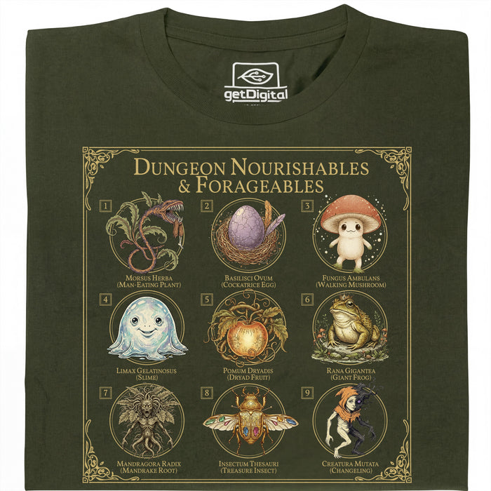 Dungeon Nourishables - Vista principale T-shirt Verde Scuro
