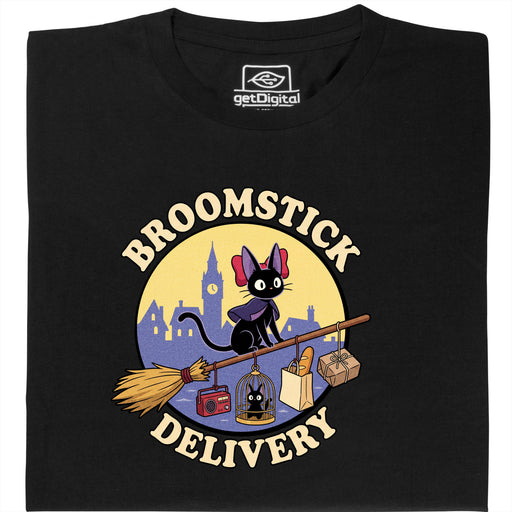 Broomstick Delivery - Le Chat Prend les Rênes du Service de Livraison - Vue principale T-Shirt Noir